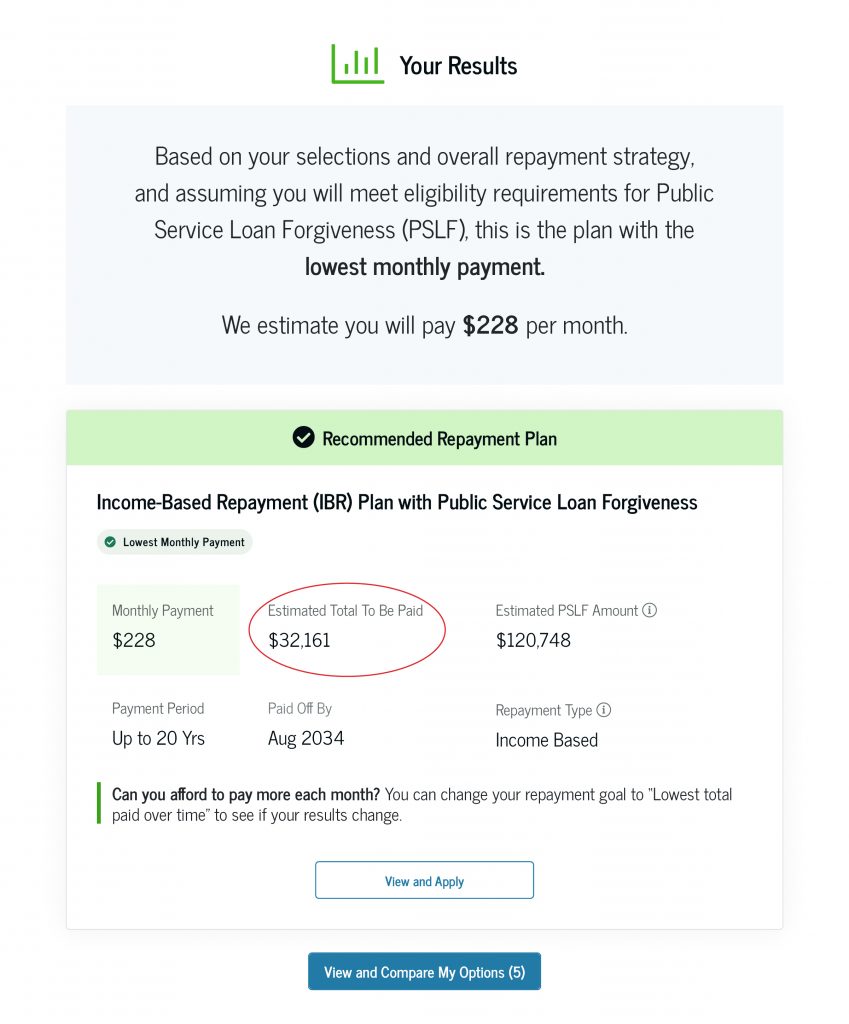 The results page in Loan Simulator shows the total you would pay under the plan that would result in the lowest amount paid over time.