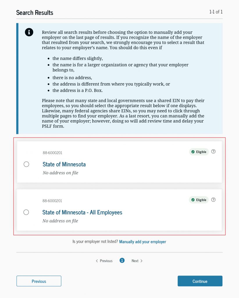 If you searched the EIN for the State of Minnesota, you’d pull up two entries: “State of Minnesota” and “State of Minnesota - All Employees”