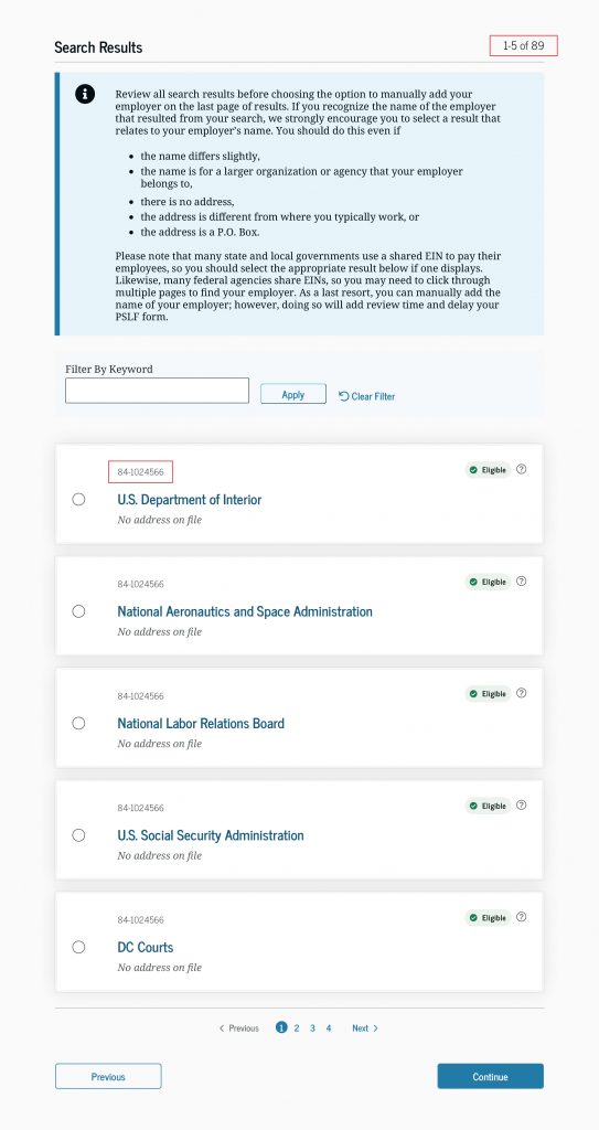 The EIN that was issued to the U.S. Department of the Interior covers a large portion of the federal government. If you search for that EIN, you’ll come up with many pages of entries.