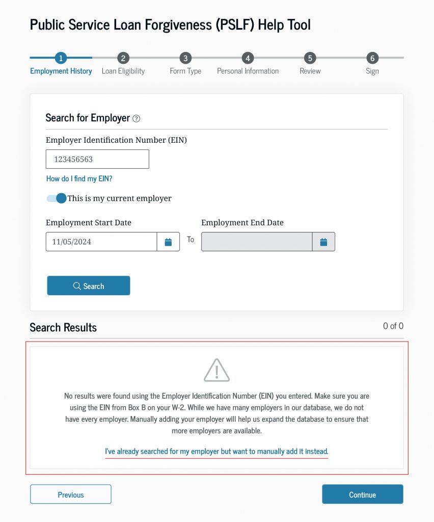 If you search for an EIN that is not found in our database, you can manually add your employer instead.