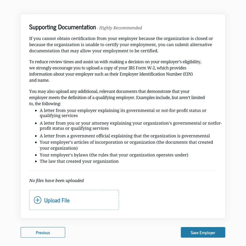 On the Supporting Documentation page, you’ll see suggested examples of documentation. You can select “Upload File” to add your documents.