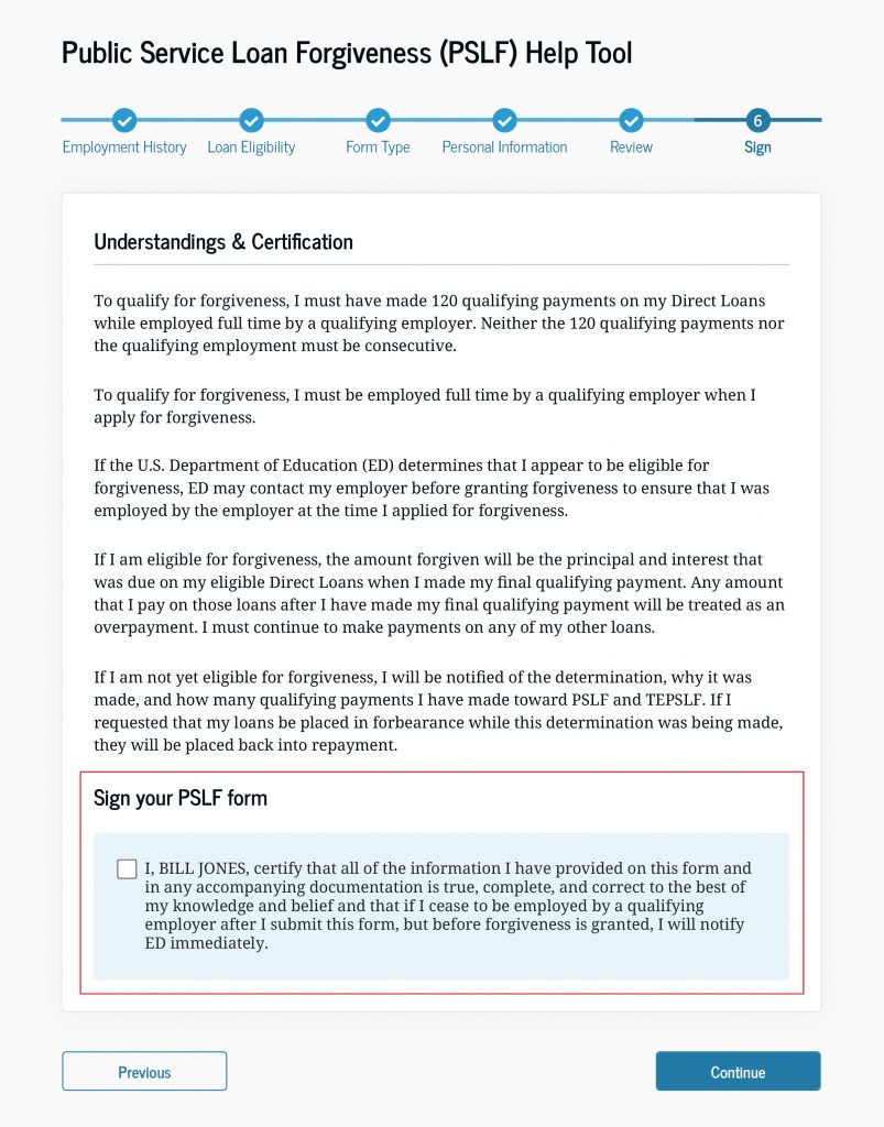 On the borrower signature page, you’ll be able to sign your form by selecting a box then the “Continue” button.