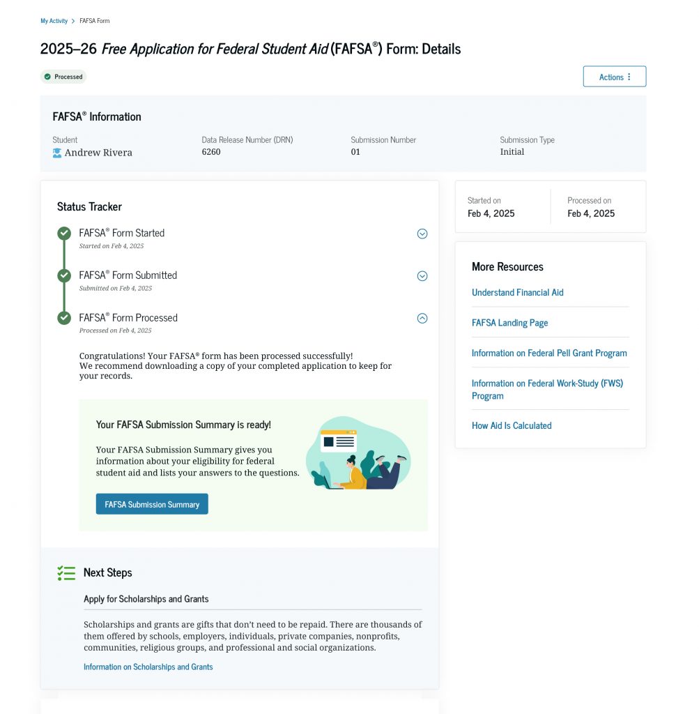 The Details page offers important information about your FAFSA form, including a status tracker of your form and the status of any required contributor sections.