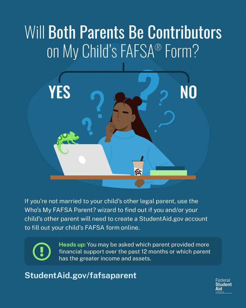 The Who’s My FAFSA Parent? wizard helps save time by determining which parent(s) will need a StudentAid.gov account to be a contributor on a FAFSA form.