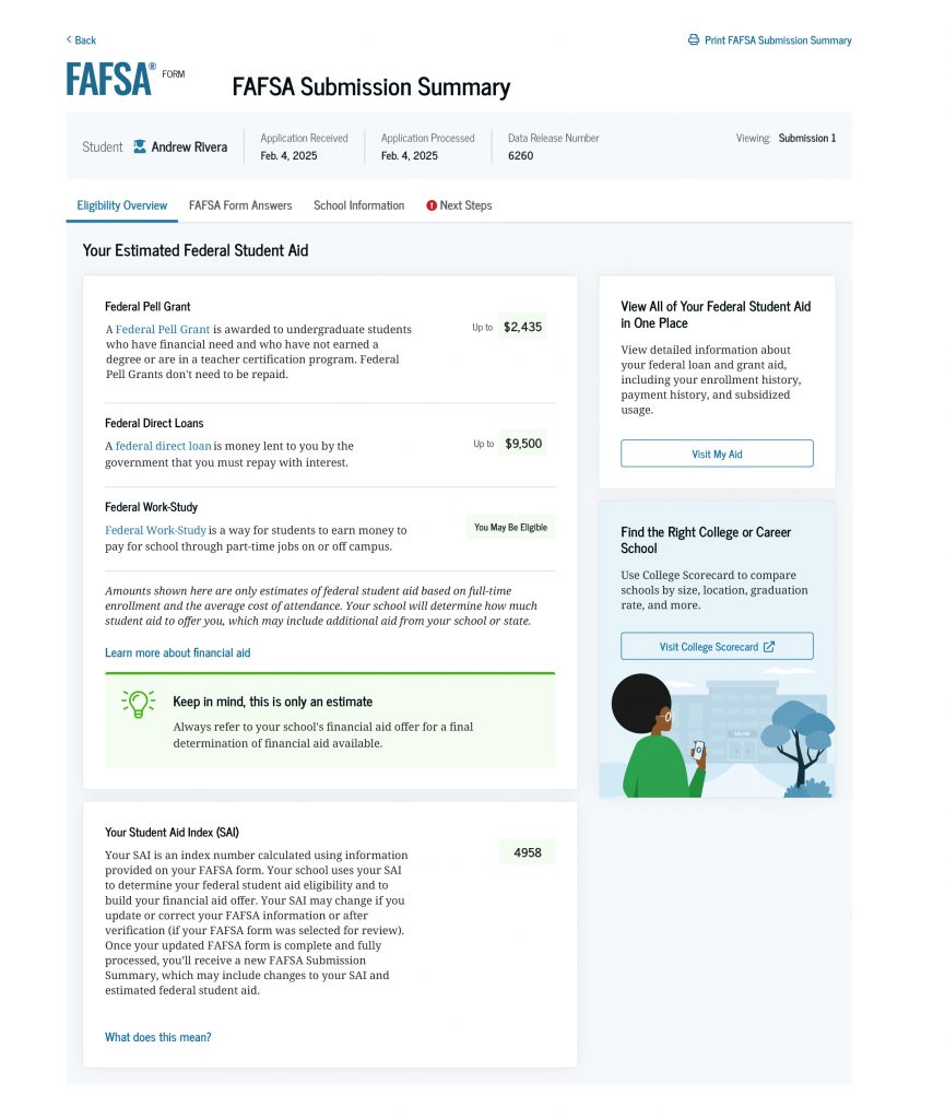 The FAFSA Submission Summary includes four tabs for you to review: Eligibility Overview, FAFSA Form Answers, School Information, and Next Steps.