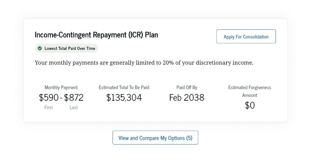 Loan Simulator shows you each repayment plan's monthly payment, estimated total to be paid, paid off date, and estimated forgiveness amount. Apply for consolidation from the page.