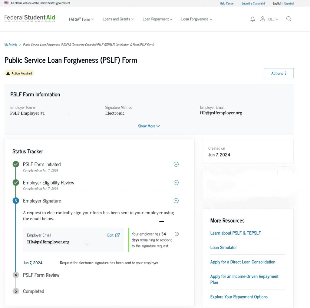 If you selected electronic signature from your employer, the tracker will display the status of the requested signature.