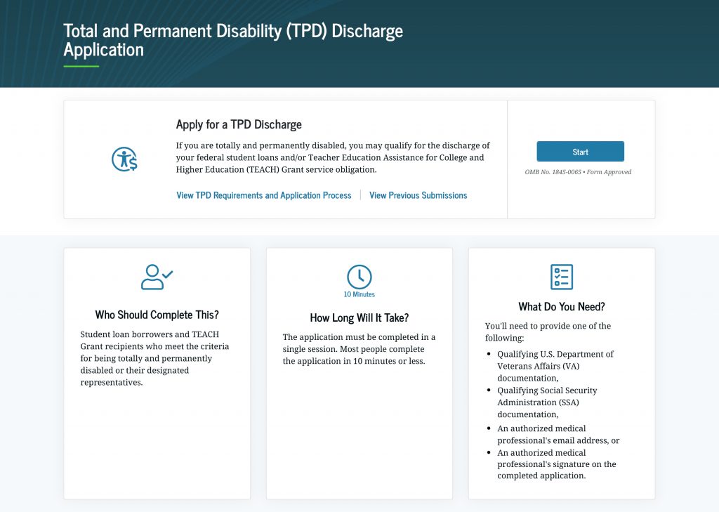 The landing page for the online Total and Permanent Disability Discharge application includes an overview of the application and important information to know before starting your application.