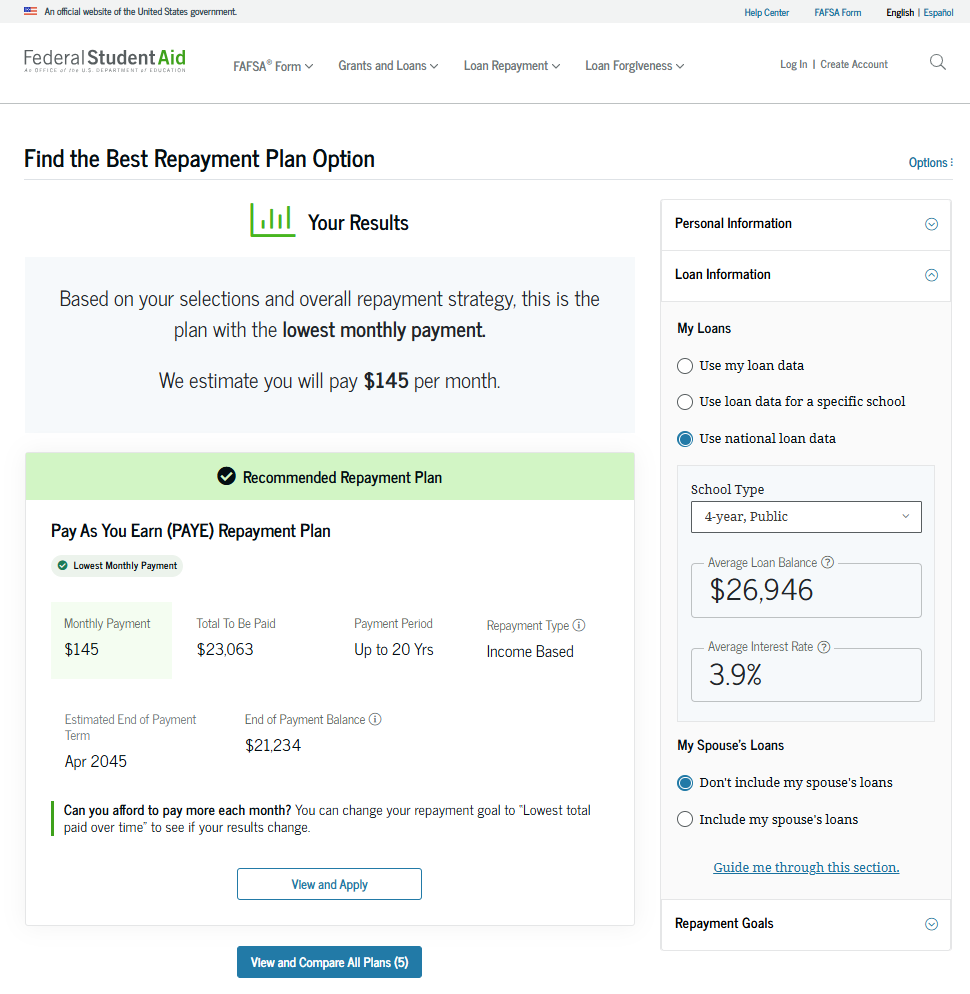 The results page shows our recommended plan for you. It displays your estimated monthly payment, paid off date, and estimated forgiveness amount.