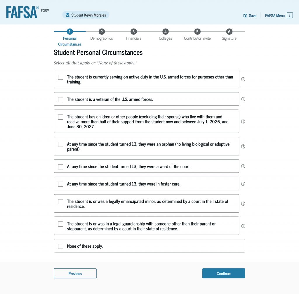 Screenshot of the “Student Personal Circumstances” page, which lists a series of statements for students to select all that apply. These statements include military status, having children or other dependents, and dependency status (orphan, ward of the state, foster care, emancipated minor, and/or under a guardianship).