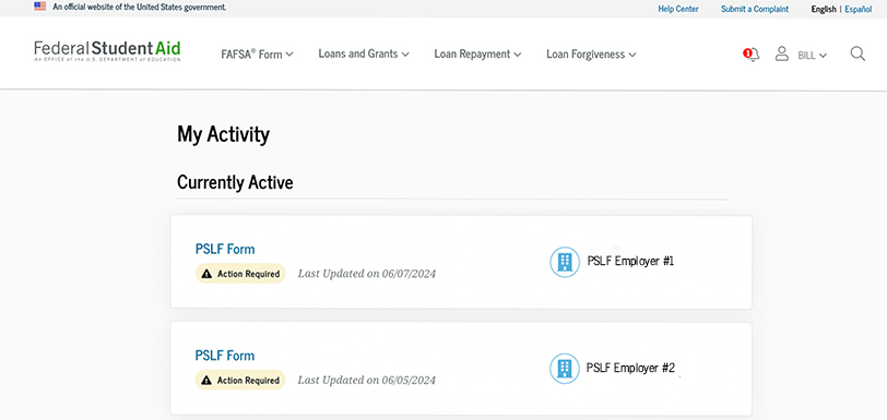 To view the progression and status of a specific PSLF form, select the form desired.