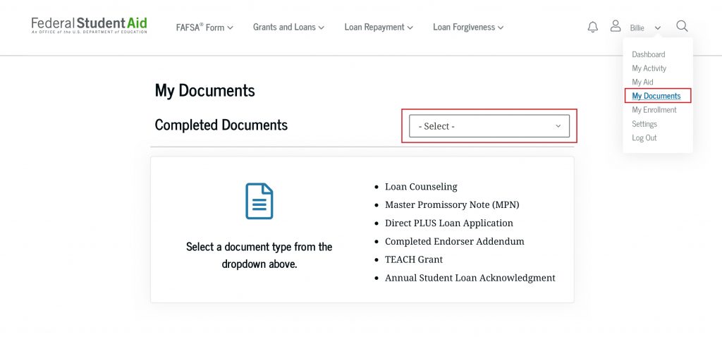The “My Documents” page of the StudentAid.gov account displays all completed documents related to your student loan(s) or grant, including your Master Promissory Note. Documents can be viewed and downloaded by selecting the document name from the dropdown.