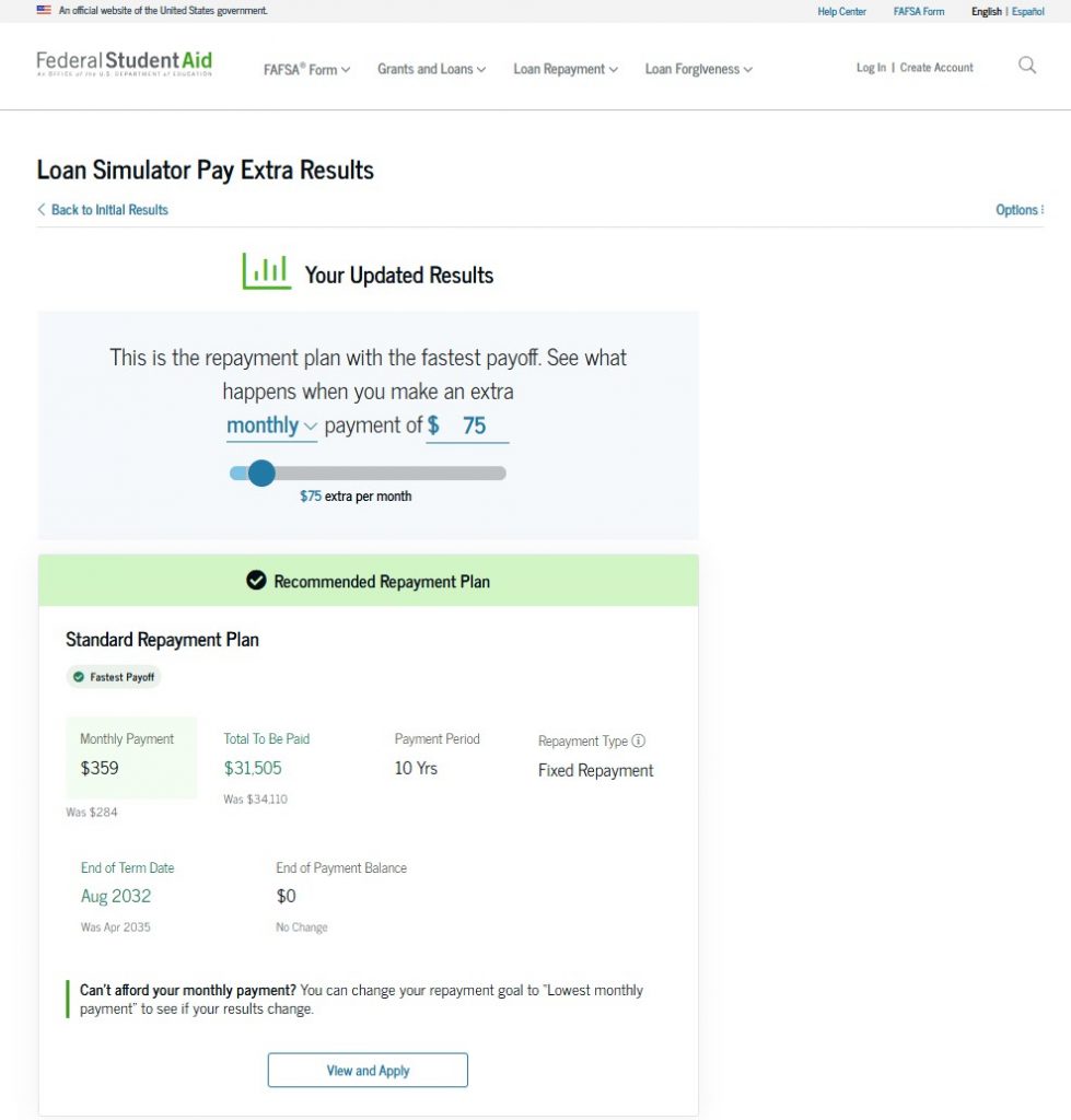Use the slider function to see how your results change if you pay extra on your student loans.