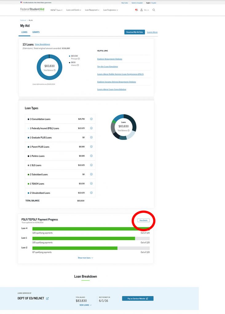 Select "View Details" in the Payment Progress section to navigate to the "Loan Details" page.