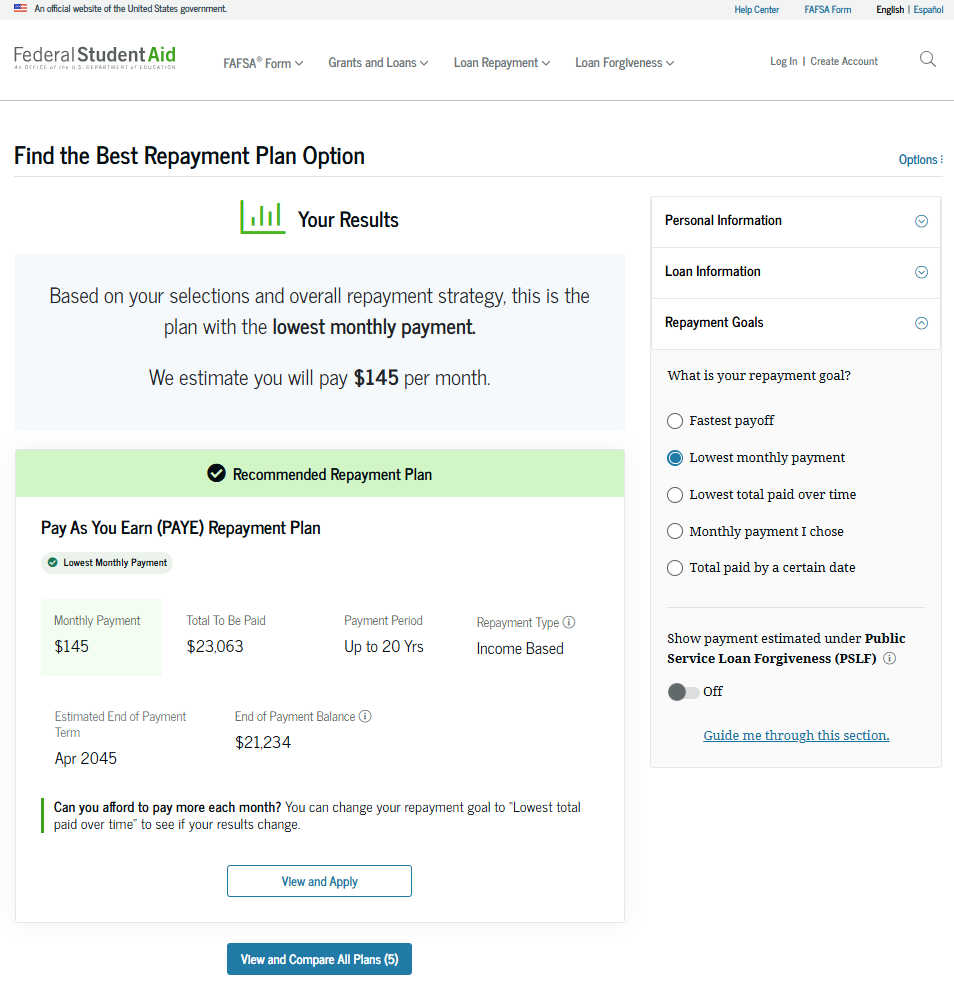 Change your repayment goal using the sidebar to see how it affects the results shown for the recommended repayment plan.