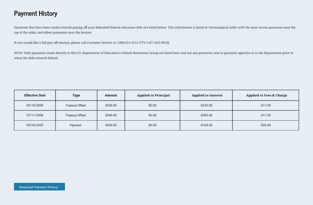 The table on the “Payment History” tab shows the payment effective date, the type of payment; the total payment amount; and the amounts that were applied to principal, interest, and fees and charges. In addition to viewing payment history on this tab, you also can select “Download Payment History.”