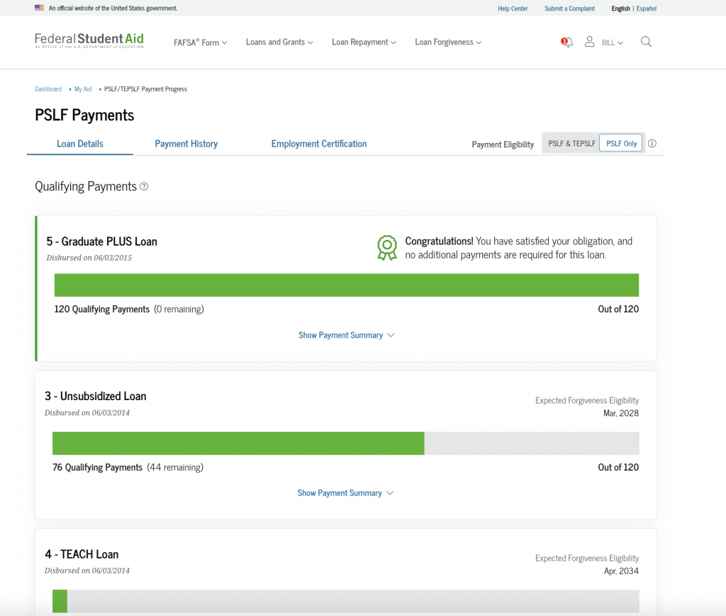 To view the payment details for a specific loan, select "Show Payment Summary" for that loan.