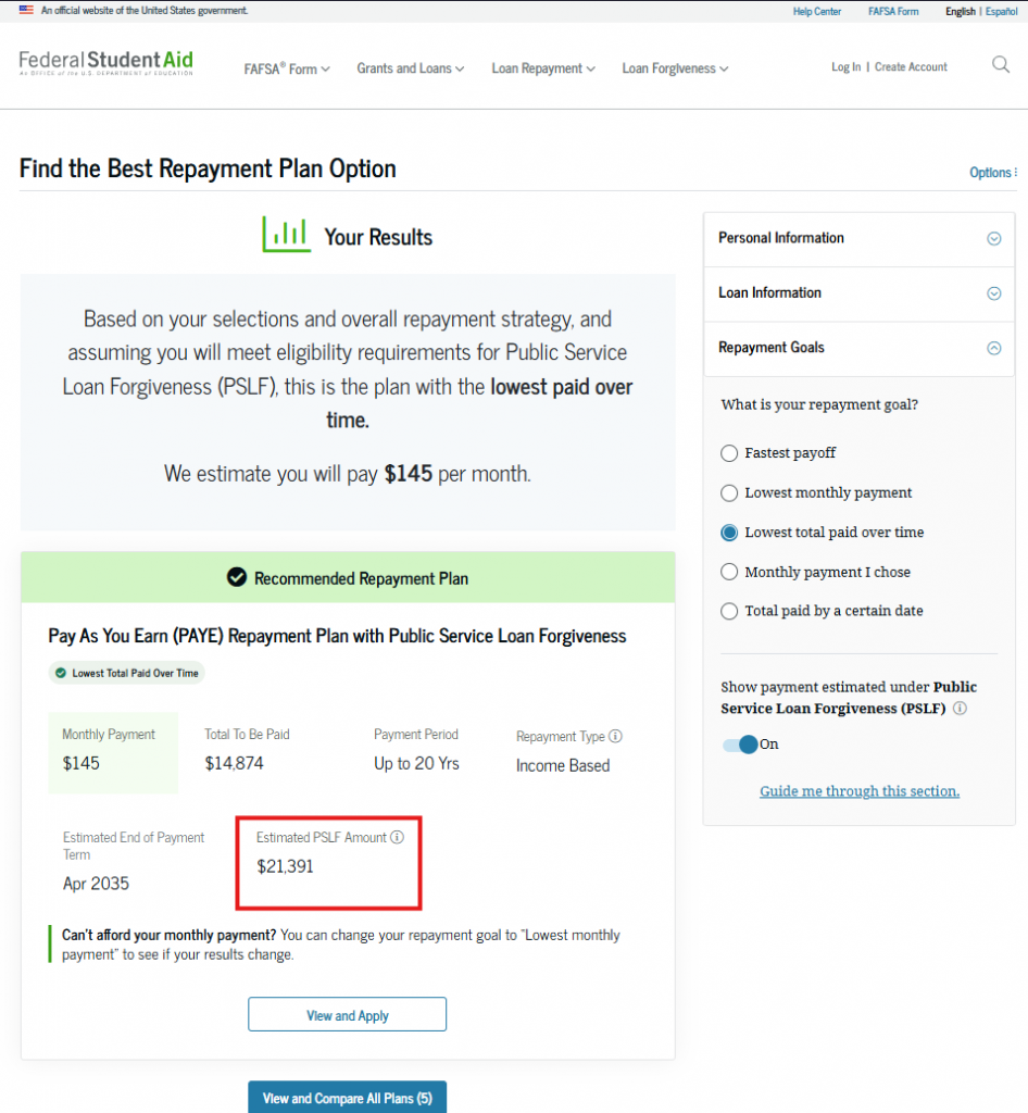Adjust personal information in the sidebar of the results page to see how the estimated forgiveness amount may change in your recommended plan, if applicable.