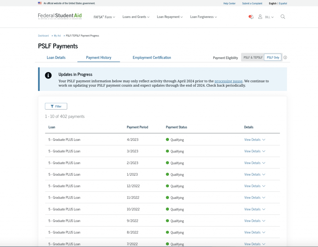 Select the "Payment History" tab at the top of the "Loan Details" page to learn more about previous payments.