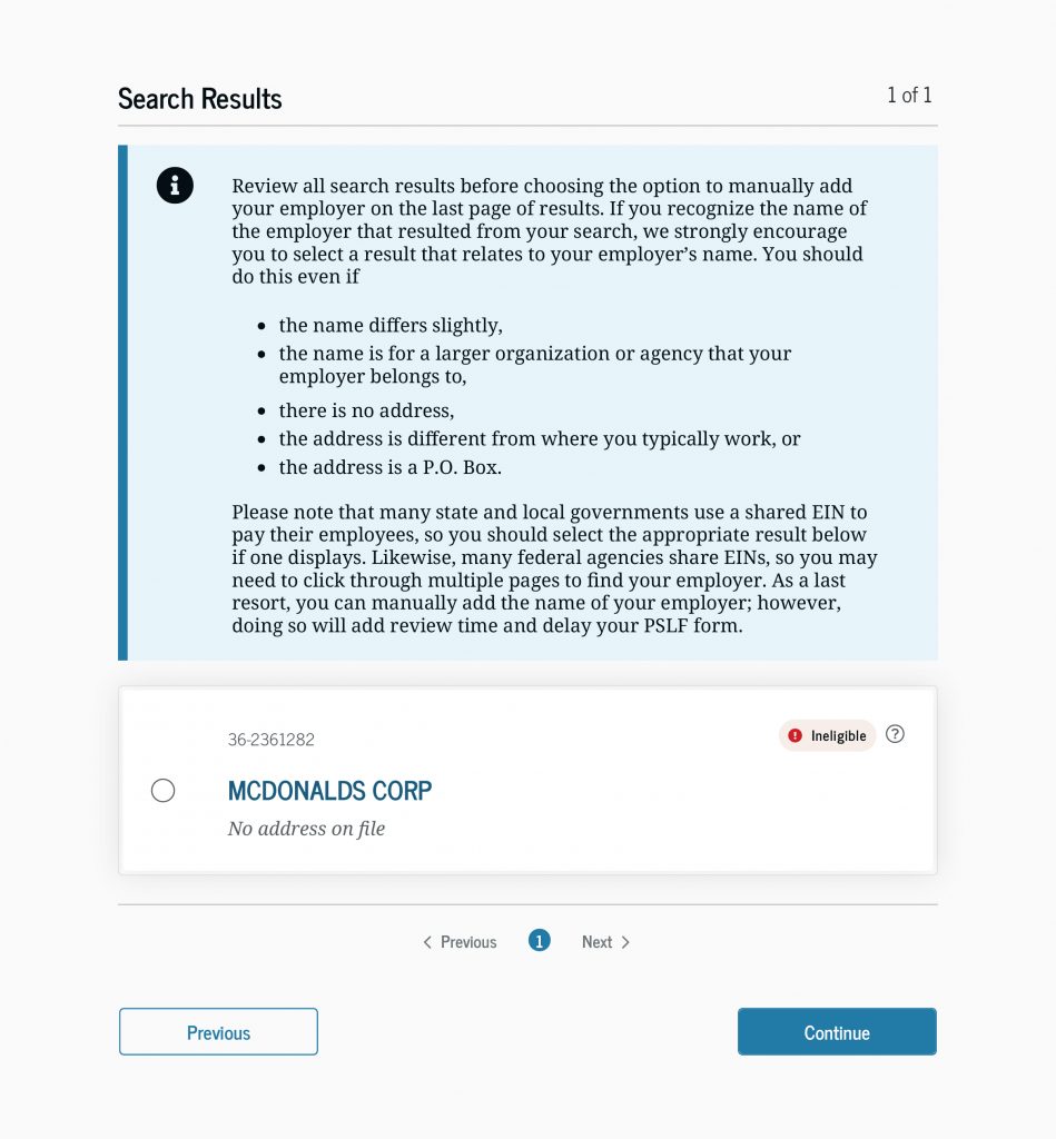 Some employers in our database are ineligible. You can still select an ineligible employer, but you will have to upload documentation after you select “Continue” button.