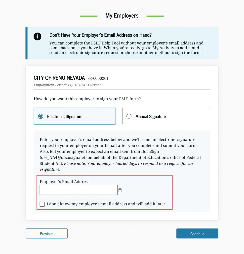 If you select electronic signature, then enter the email address for your employer’s authorized official or check a box that says you don’t know your employer’s email address and will add it later.