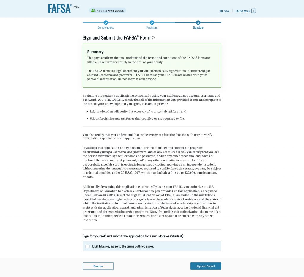 The signature page is where you’ll agree to the terms and conditions of the FAFSA form.